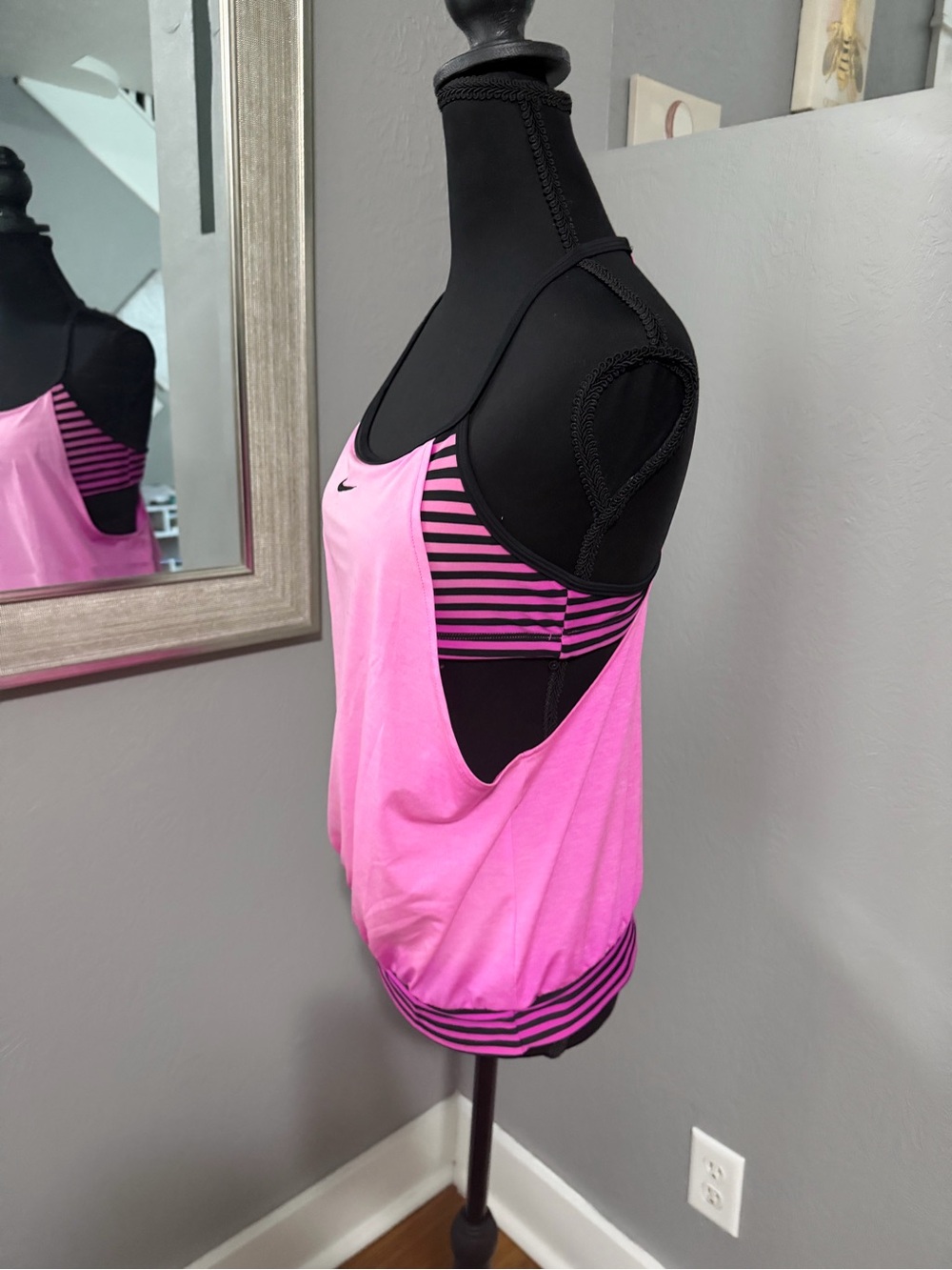 Nike Layered Drape Racerback Tankini Top Pink Striped Athletic Swim Size Medium - Picture 4 of 7